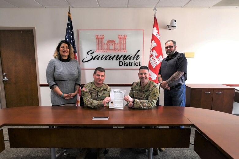 U.S. Army Corps of Engineers, Savannah District Commander Col. Ron Sturgeon and Deputy Commander Lt. Col. Alex Duffy signed the 2024 Sexual Assault Awareness Prevention Month Proclamation March 28, 2024, to begin April's observance of SAAPM at the Savannah District. For this year’s Sexual Assault Awareness and Prevention Month, the U.S. Army’s campaign theme is “Change Through Unity: Empower. Protect. Prevent.” The campaign highlights the importance of eliminating sexual assault and sexual harassment by working together to build a respectful workplace environment for all. From left: USACE, Southwestern Division, sexual assault response coordinator, Mercedes Dayao; Savannah District, Commander Col. Ron Sturgeon; Deputy Commander, Lt. Col. Alex Duffy and Savannah District, victim advocate, Gerard Leo.