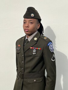 Pfc. T'Anna Stanley-Lake at Fort Sam Houston, Texas, March 19, 2024. Stanley-Lake, with the Army North Military Funeral Honors Platoon Caisson Section, is the daughter of former Virgin Islands National Guard members Kim Stanley and the late Sgt.1st Class Floyd E. Lake, who died in a UH-60 Black Hawk helicopter crash in Baghdad Jan. 20, 2007.