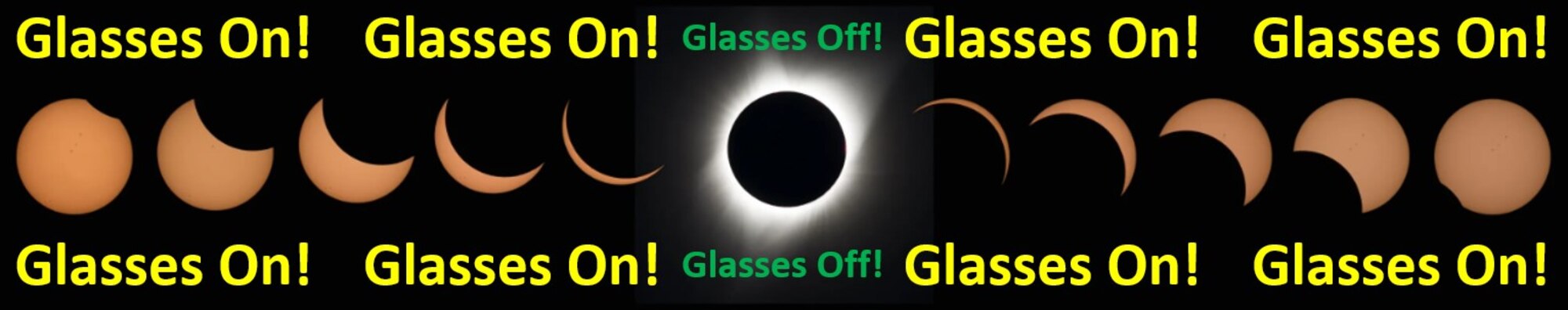 This composite image of eleven pictures shows the progression of a total solar eclipse over Madras, Ore., Aug. 21, 2017. Glasses must be worn as indicated during the different stages, or viewers risk permanent eye damage. Only during totality can glasses come off.