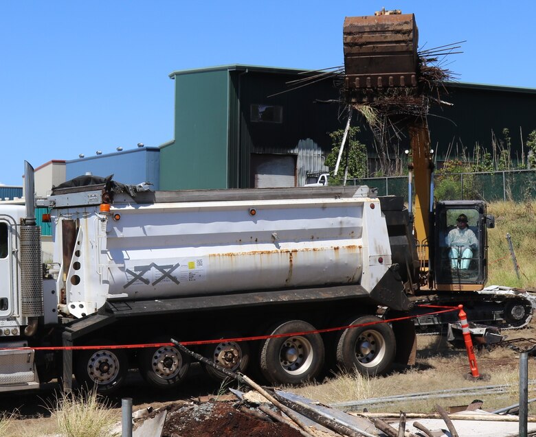 The first truckload of fire debris from a commercial property was hauled to the Temporary Debris Storage Site in West Maui, March 22, 2024. This was the first commercial property debris removal operation for commercial property impacted by the Aug. 8, 2023, wildfires. (USACE photo by Edward Rivera)