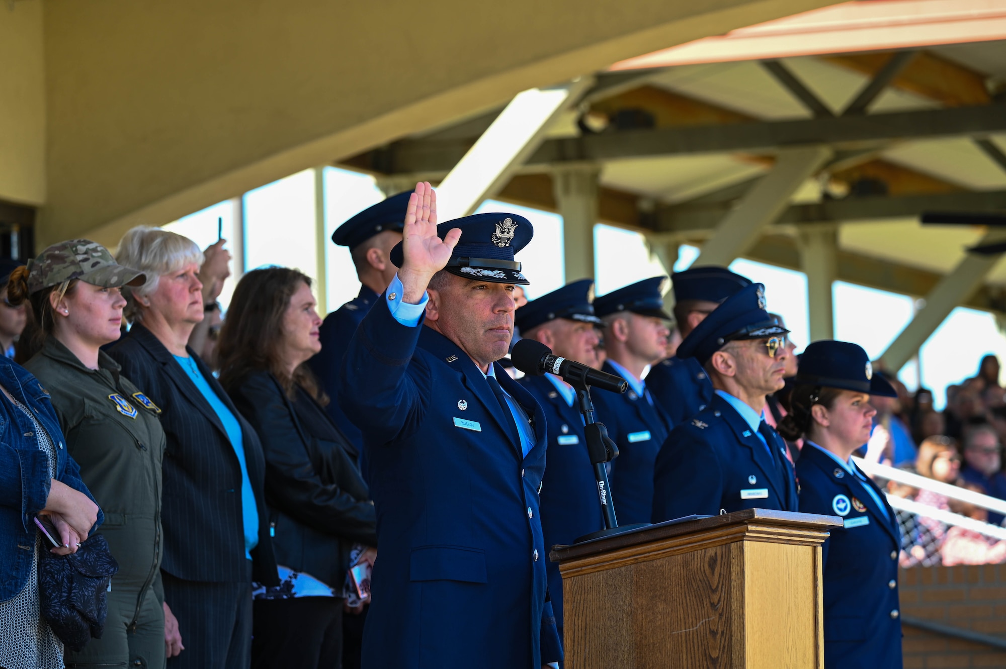 U.S. Air Force Col. Josh Koslov, 350th Spectrum Warfare Wing commander, administers the Oath of Office to U.S. Air Force Officer Training School graduates during their graduation parade at Maxwell Air Force Base, AL, March 28, 2024. The purpose of OTS is to train and develop new officers to fulfill Air Force and Space Force active duty, Reserve and Air National Guard requirements, in partnership with the U.S. Air Force Academy and Air Force Reserve Officer Training Corps. (U.S. Air Force photo by Capt. Benjamin Aronson)