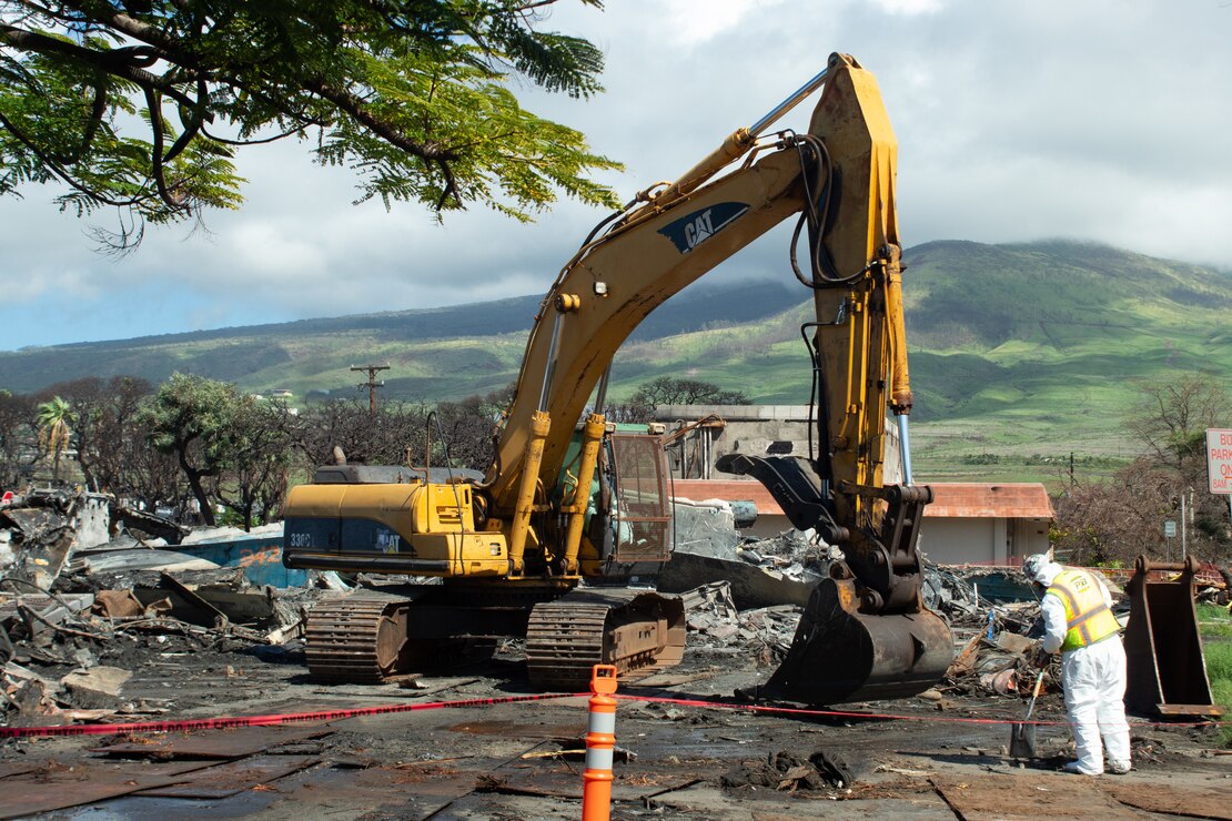 U.S. Army Corps of Engineers contractors conduct vessel debris removal operations near the harbor in Lahaina, Hawai‘i, Jan. 27. To ensure debris removal operations are conducted safely, there is significant coordination and safety planning between USACE and the contractor performing the work. USACE is overseeing the debris removal mission under a Federal Emergency Management Agency assigned mission, which is part of a coordinated effort with the Hawai‘i Emergency Management Agency, Maui County and the U.S. Environmental Protection Agency to clean up areas of the island affected by the Aug. 8, 2023, wildfires. (USACE Photo by Robert DeDeaux)