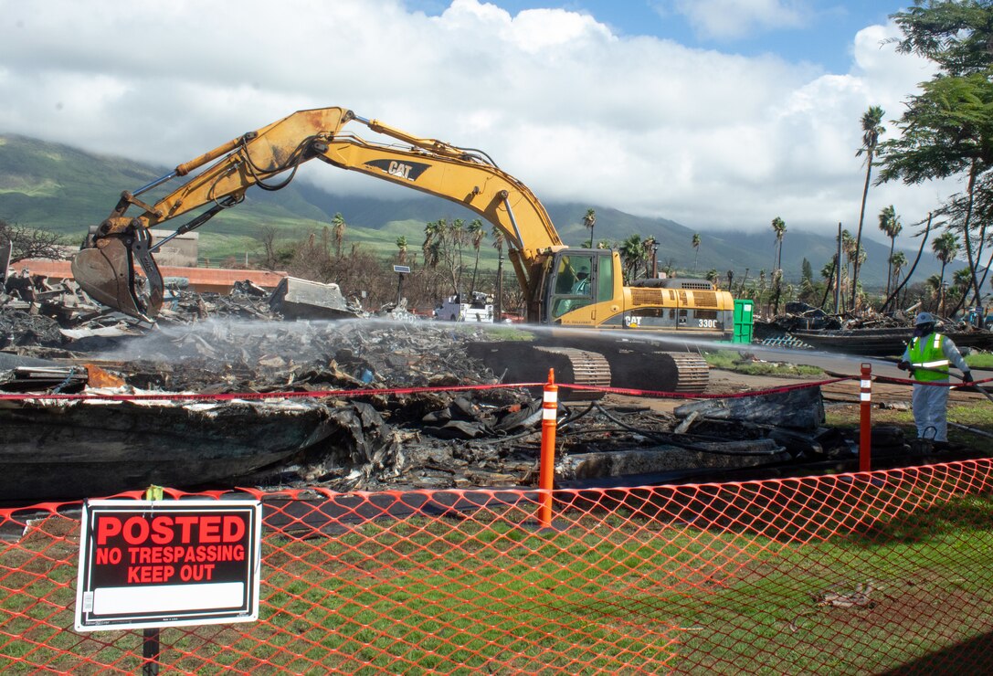 U.S. Army Corps of Engineers contractors conduct vessel debris removal operations near the harbor in Lahaina, Hawai‘i, Jan. 27. To ensure debris removal operations are conducted safely, there is significant coordination and safety planning between USACE and the contractor performing the work. USACE is overseeing the debris removal mission under a Federal Emergency Management Agency assigned mission, which is part of a coordinated effort with the Hawai‘i Emergency Management Agency, Maui County and the U.S. Environmental Protection Agency to clean up areas of the island affected by the Aug. 8, 2023, wildfires. (USACE Photo by Robert DeDeaux)