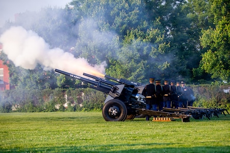 Black cannons resting on a green lawn are firing blanks at a ceremony. There is white and orange smoke coming out of their barrels.