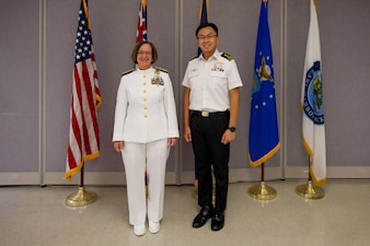 PEARL HARBOR (April 4, 2024) -- Chief of Naval Operations Adm. Lisa Franchetti met with the Republic of Singapore’s Chief of Navy, Rear Adm. Sean Wat at Pearl Harbor today following the U.S. Pacific Fleet Change of Command. Franchetti emphasized the U.S. Navy’s commitment to the security and stability of the Indo-Pacific region and expressed gratitude to Singapore Navy’s for contributing personnel to Operation Prosperity Guardian. (U.S. Navy photo by Chief Mass Communication Specialist Amanda R. Gray)