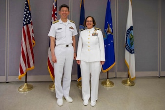 PEARL HARBOR (April 4, 2024) -- Chief of Naval Operations Adm. Lisa Franchetti met with Chief of Staff of the Japan Maritime Self-Defense Force (JMSDF) Adm. Ryo Sakai at Pearl Harbor today while in town for the U.S. Pacific Fleet Change of Command. Franchetti underscored the U.S Navy’s commitment to strengthening the U.S. - Japan alliance amid historic shared momentum toward peace, stability, and deterrence in a free and open Indo-Pacific. (U.S. Navy photo by Chief Mass Communication Specialist Amanda R. Gray)