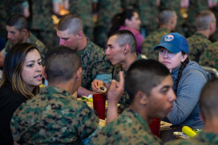 Educators with Recruiting Stations’ Albuquerque, Denver, Houston, and Salt Lake City enjoy the warrior’s breakfast with new Marines as part of the 2024 Educator’s Workshop, April 3, 2024 at Marine Corps Recruit Depot San Diego, California. Participants of the workshop visit MCRD San Diego to observe recruit training and gain a better understanding about the transformation from recruits to United States Marines. Educators also received classes and briefs on the benefits that are provided to service members serving in the United States armed services. (U.S. Marine Corps photo by Sgt. Trey Q. Michael)