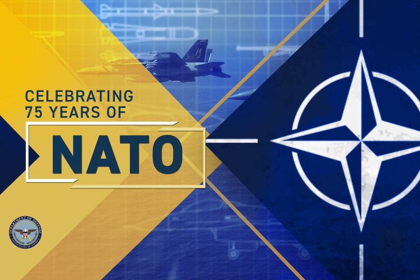 A yellow and blue graphic with the NATO insignia and the words: Celebrating 75 years of NATO