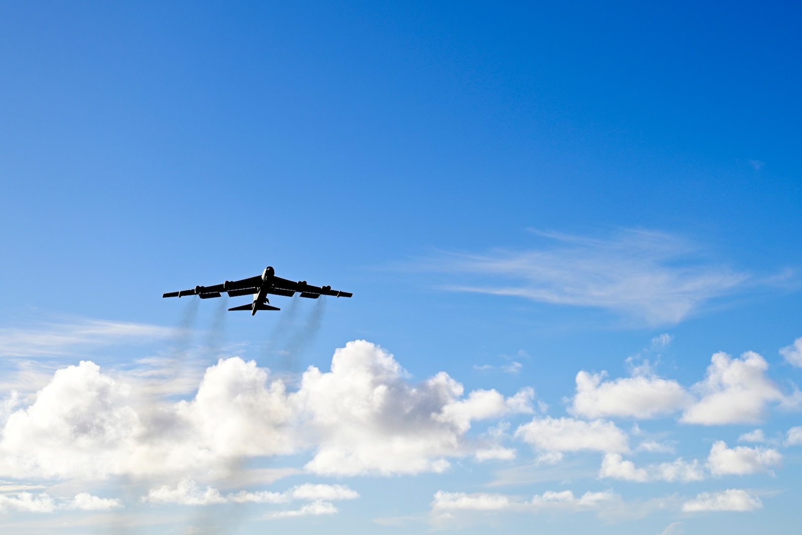 A B-52 Stratofortress assigned to the 2nd Bomb Wing at Barksdale Air Force Base, Louisiana, takes off to return home from a Bomber Task Force deployment at Navy Support Facility, Diego Garcia, April 3, 2024. The U.S. routinely and visibly demonstrates commitment to our Allies and partners through the global employment of our military forces.(U.S. Air Force photo by Master Sgt. Staci Kasischke)