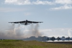A B-52 Stratofortress assigned to the 2nd Bomb Wing at Barksdale Air Force Base, Louisiana, takes off to return home from a Bomber Task Force deployment at Navy Support Facility, Diego Garcia, April 3, 2024. The U.S. routinely and visibly demonstrates commitment to our Allies and partners through the global employment of our military forces.(U.S. Air Force photo by Master Sgt. Staci Kasischke)