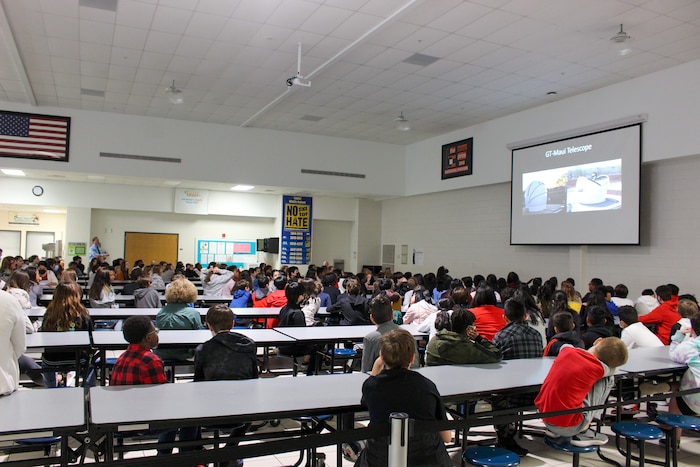 Students at Lanier middle school in Sugar Hill, Georgia, view the Aloha telescope dome in their cafeteria during school hours. The STEM outreach project involving the Air Force Research Laboratory, the Georgia Institute of Technology and the University of Hawaii encourages grade school- to university-level students to learn more about astronomy and explore the different career paths science, technology, engineering and math has to offer.

(Courtesy photo / James Sowell)