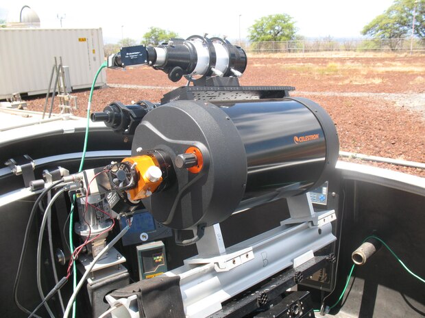 Aloha Explorations uses an 11-inch Celestron telescope, also known as the Aloha Telescope, to provide students in grades K-12 the ability to view live images from their classrooms and remotely control the telescope via an internet connection. 
Most of the telescopes at the AMOS site are positioned at 10,000 feet on the summit of the dormant volcano Haleakala and are used for research and development for space domain awareness. The smaller outreach telescope is much more convenient for the students in Maui to access and learn more about astronomy.

(U.S. Air Force photo / Shadi Naderi)