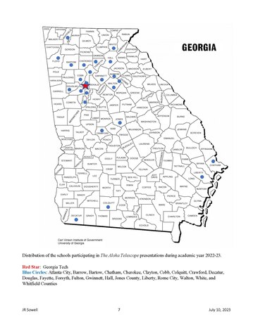 A map of Georgia showcases the Aloha Explorations outreach program’s participation across the state through June 30, 2023. The astronomy outreach program has reached thousands of students and teachers and continues to connect students with STEM opportunities.

(Courtesy illustration / James Sowell)