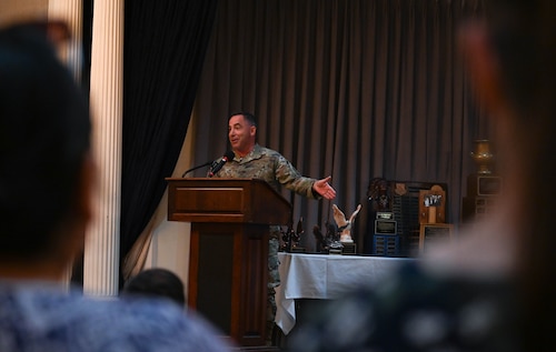 U.S. Air Force Col. Josh Koslov, 350th Spectrum Warfare Wing commander, gives the keynote address at the U.S. Air Force Officer Training School graduation social at Maxwell Air Force Base, AL, March 28, 2024. The mission of OTS is to developing warrior-minded leaders of character committed to our oath, values and creed. (U.S. Air Force photo by Capt. Benjamin Aronson)