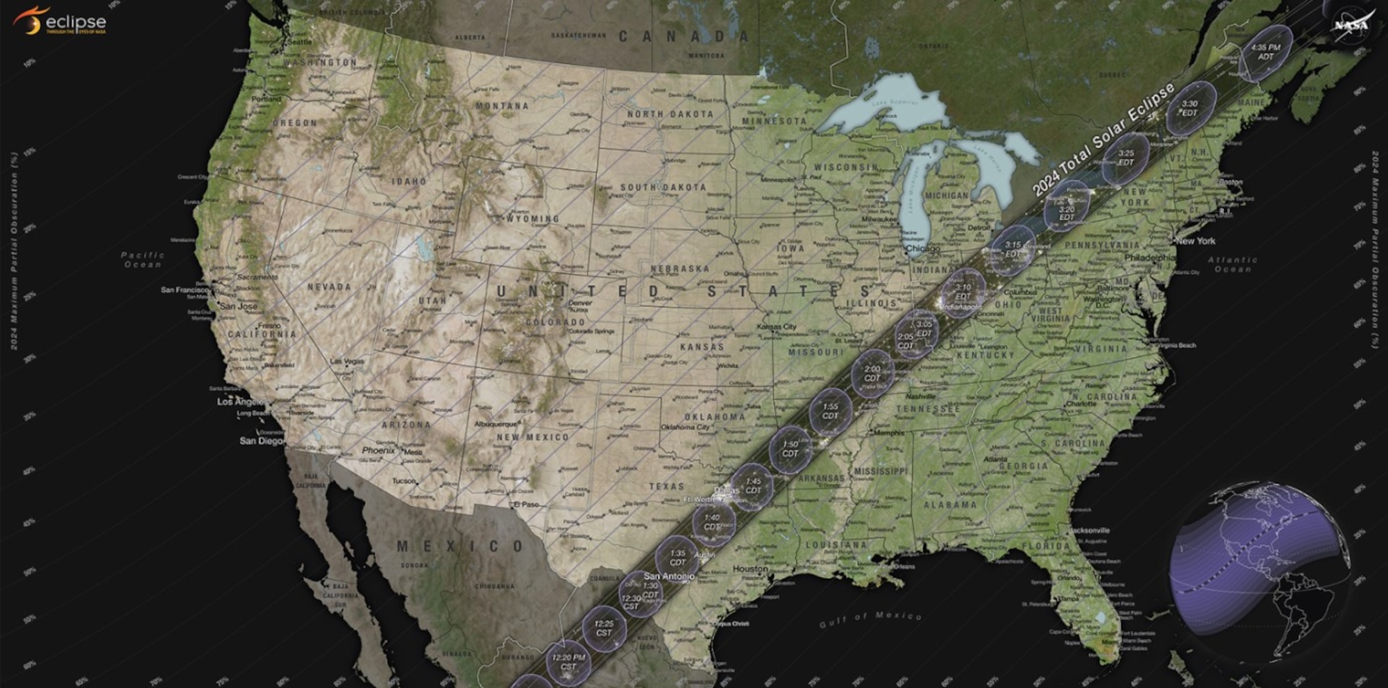 This graphic shows the path of totality for the April 8, 2024, solar eclipse. An estimated 32 million people reside along this path, with millions more expected to pour into the area to view the apocalyptic event. This is sure to cause severe traffic congestion and increased road hazards to drivers and their occupants, as well as pedestrians. The congestion can also lead to a high number of cell phones in any single geographic area, which can overwhelm cellular infrastructure and disrupt communication.