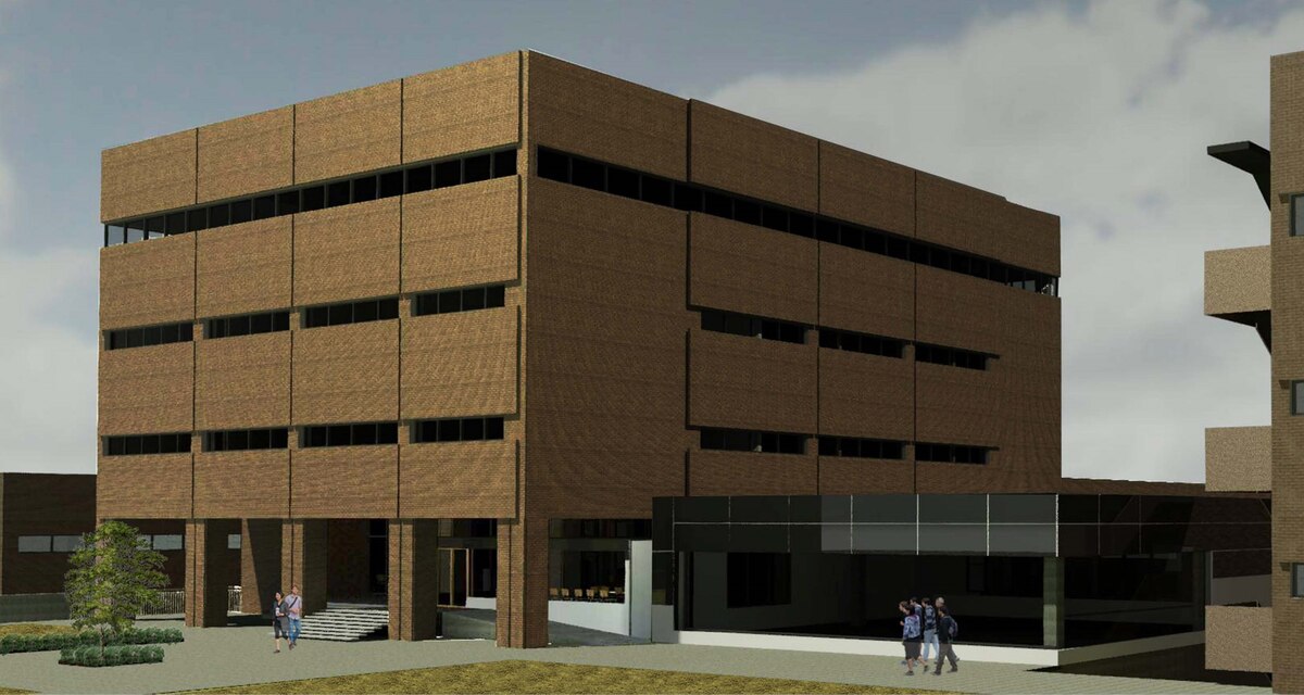 This rendering shows the location of the new AIMR-2C, or Artificial Intelligence and Machine Learning Research Center Capability Project, adjacent to the main entrance of building 653 at Wright-Patterson Air Force Base, Dayton, Ohio. The AIMR-2C will be a 6,000-square-foot lab space dedicated to interactive data visualization which was made possible by a $4 million Office of Secretary of Defense Centralized Laboratory Investment Program award. (U.S. Air Force illustration)