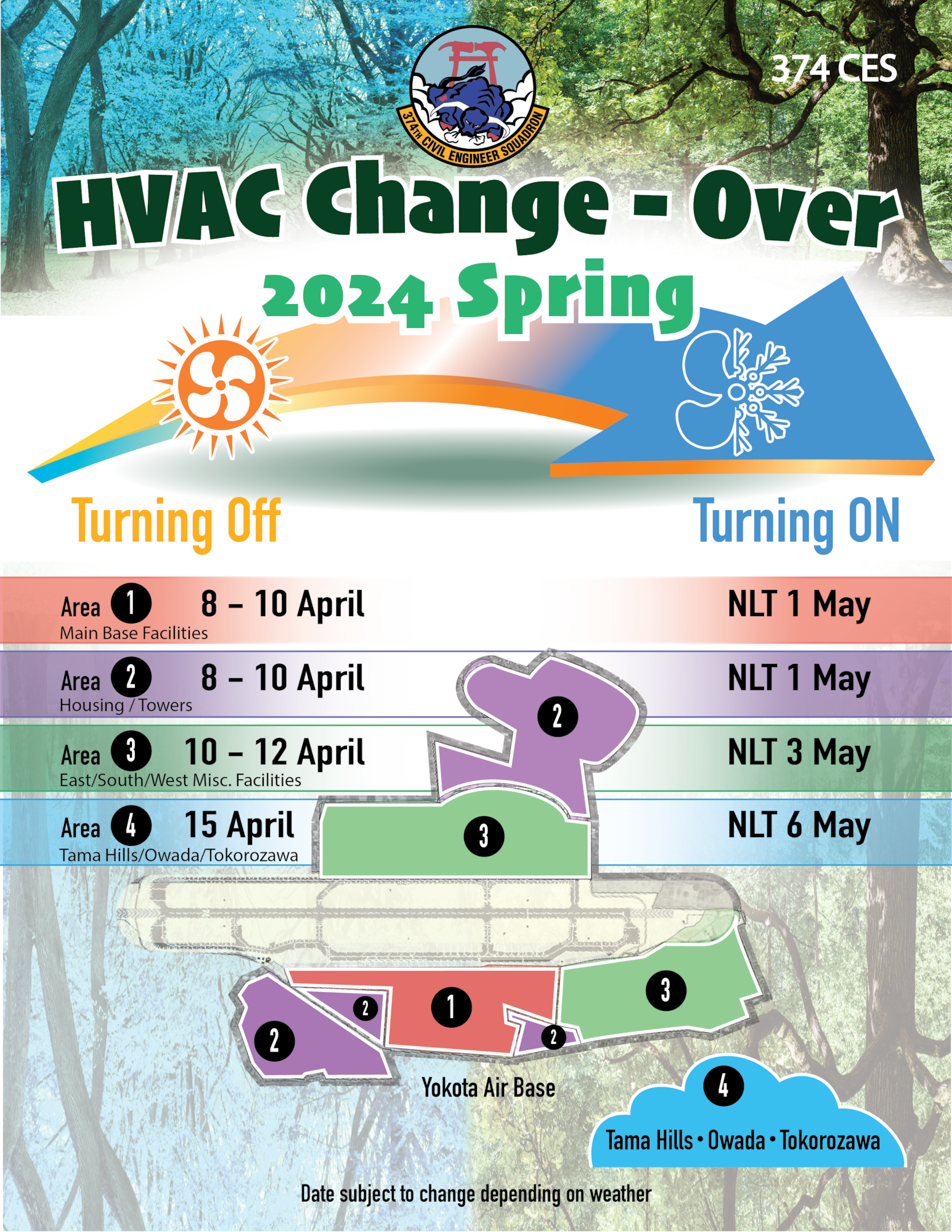 A graphic with area locations affected by the HVAC transition.