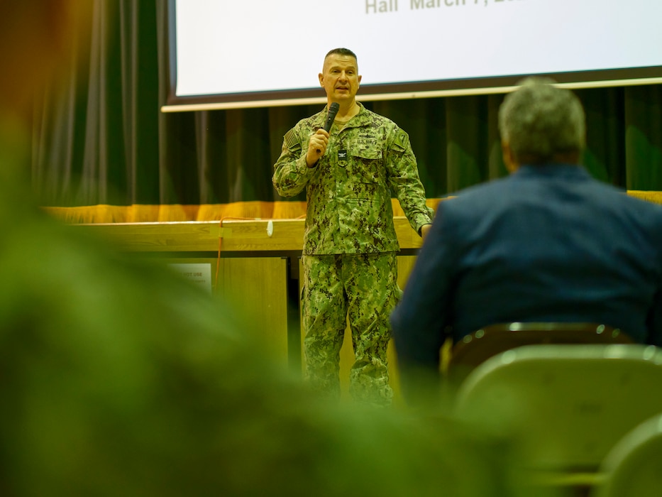 Capt. Les Sobol, Commander, Fleet Activities Yokosuka, introduces the 1st Quarter Ikego Detachment Town Hall for 1st Quarter March 7, 2024 at Ikego Elementary School in Zushi, Japan.