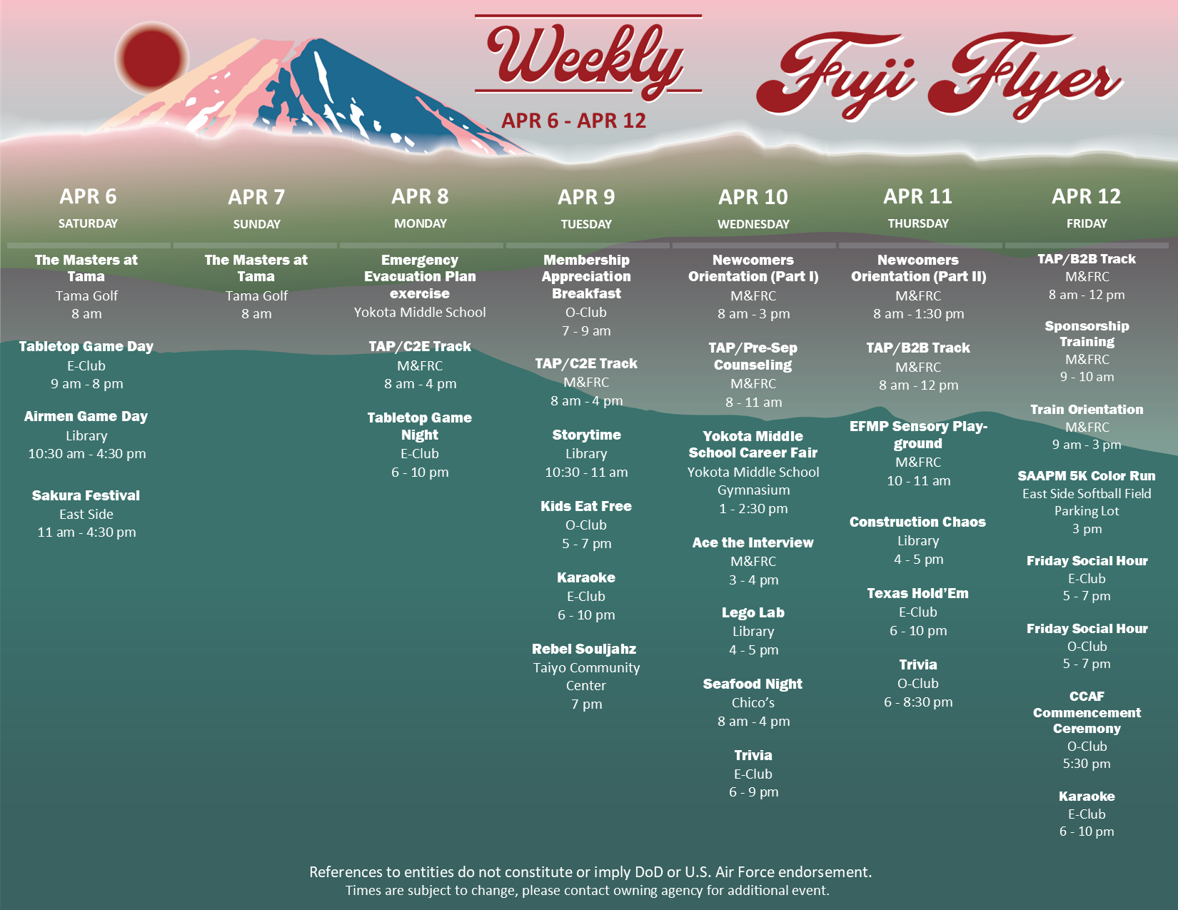 A graphic of the weekly Fuji Flyer for April 6-12