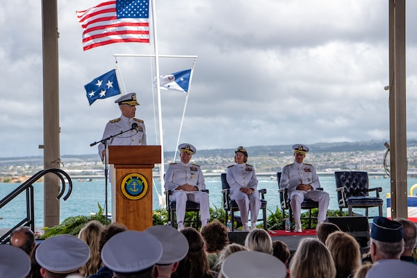 Adm. Stephen Koehler addresses the audience after becoming the commander, U.S. Pacific Fleet during the COMPACFLT change of command ceremony onboard Joint Base Pearl Harbor-Hickam, April 4. (U.S. Navy photo by Mass Communication Specialist 2nd Class Jeremy R. Boan)