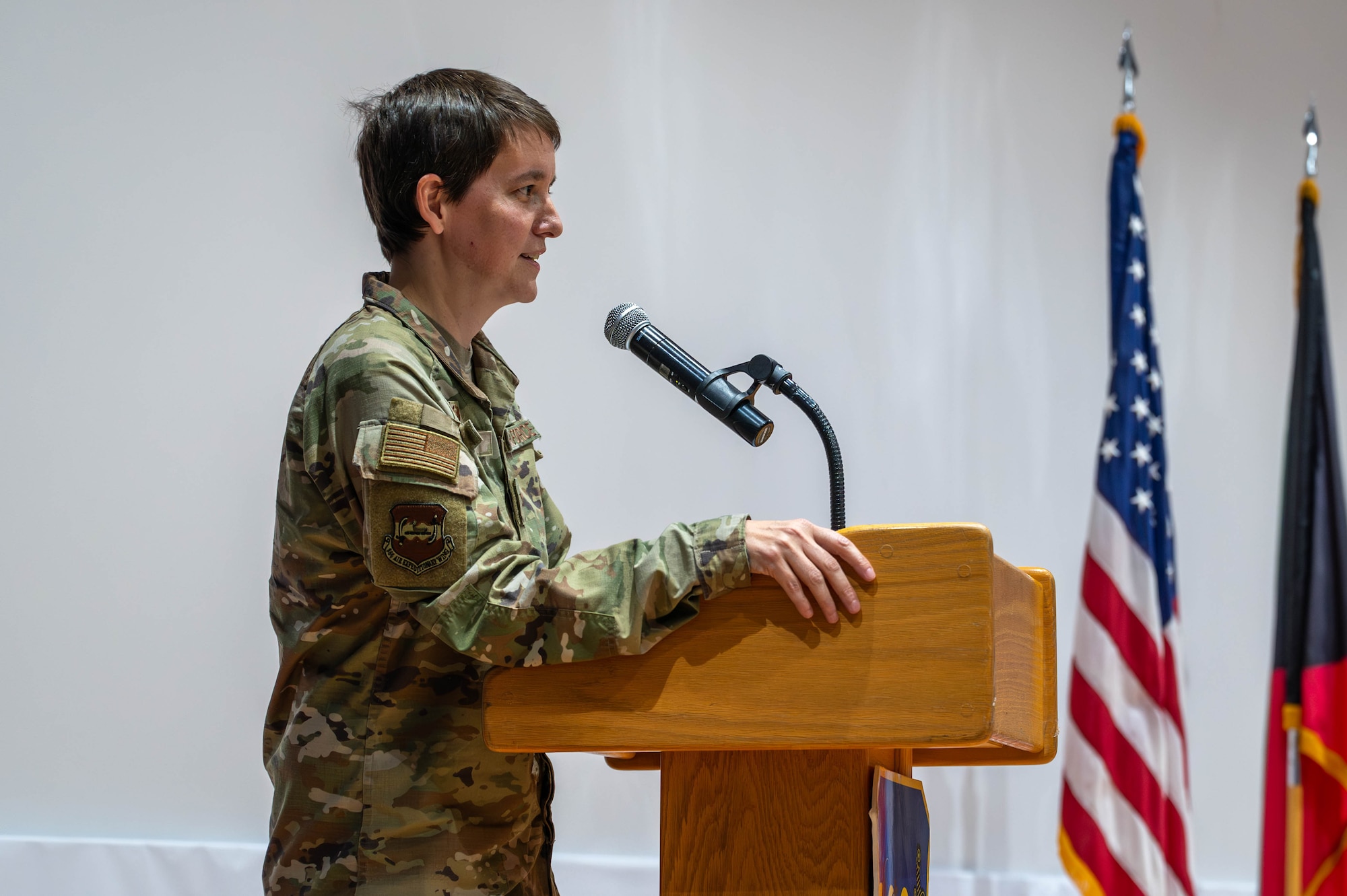 Col. Julie Gaulin gives a speech