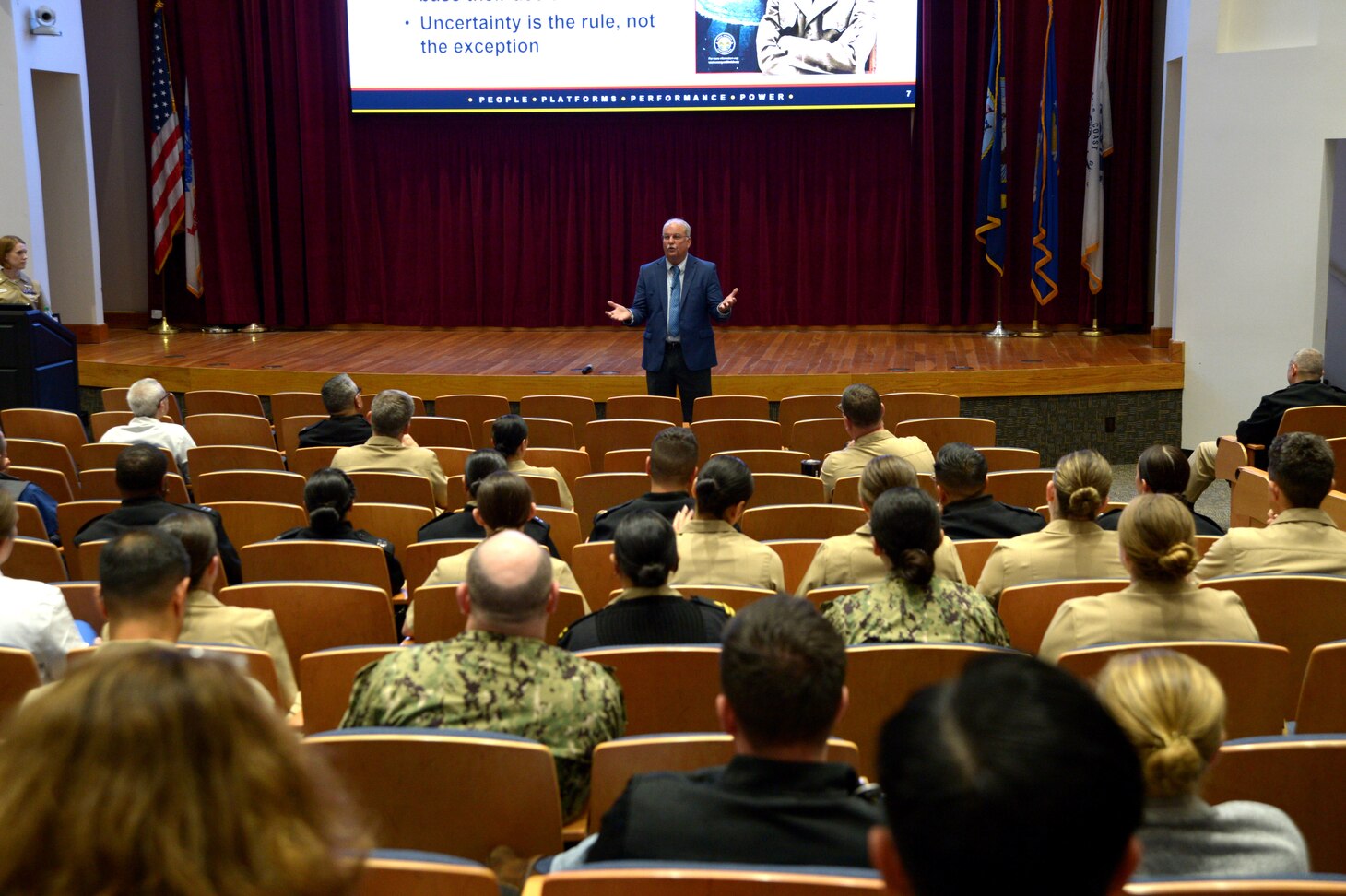 Retired U.S. Navy Rear Adm. Bruce Gillingham speaks to team members at Naval Medical Center San Diego as part of National Doctor's Day, March 29, 2024. Navy Medicine Readiness and Training Command San Diego’s mission is to prepare service members to deploy in support of operational forces, deliver high quality healthcare services and shape the future of military medicine through education, training and research. NMRTC San Diego employs more than 6,000 active duty military personnel, civilians and contractors in Southern California to provide patients with world-class care anytime, anywhere. (U.S. Navy photo by Mass Communication Specialist 2nd Class Jacob Woitzel)