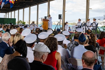 PEARL HARBOR, Hawaii - Chief of Naval Operations Adm. Lisa Franchetti delivers remarks during the U.S. Pacific Fleet Change of Command, April 4. Adm. Stephen Koehler relieved Adm. Samuel Paparo as Commander, U.S. Pacific Fleet. (U.S. Navy photo by Chief Mass Communication Specialist Amanda Gray)