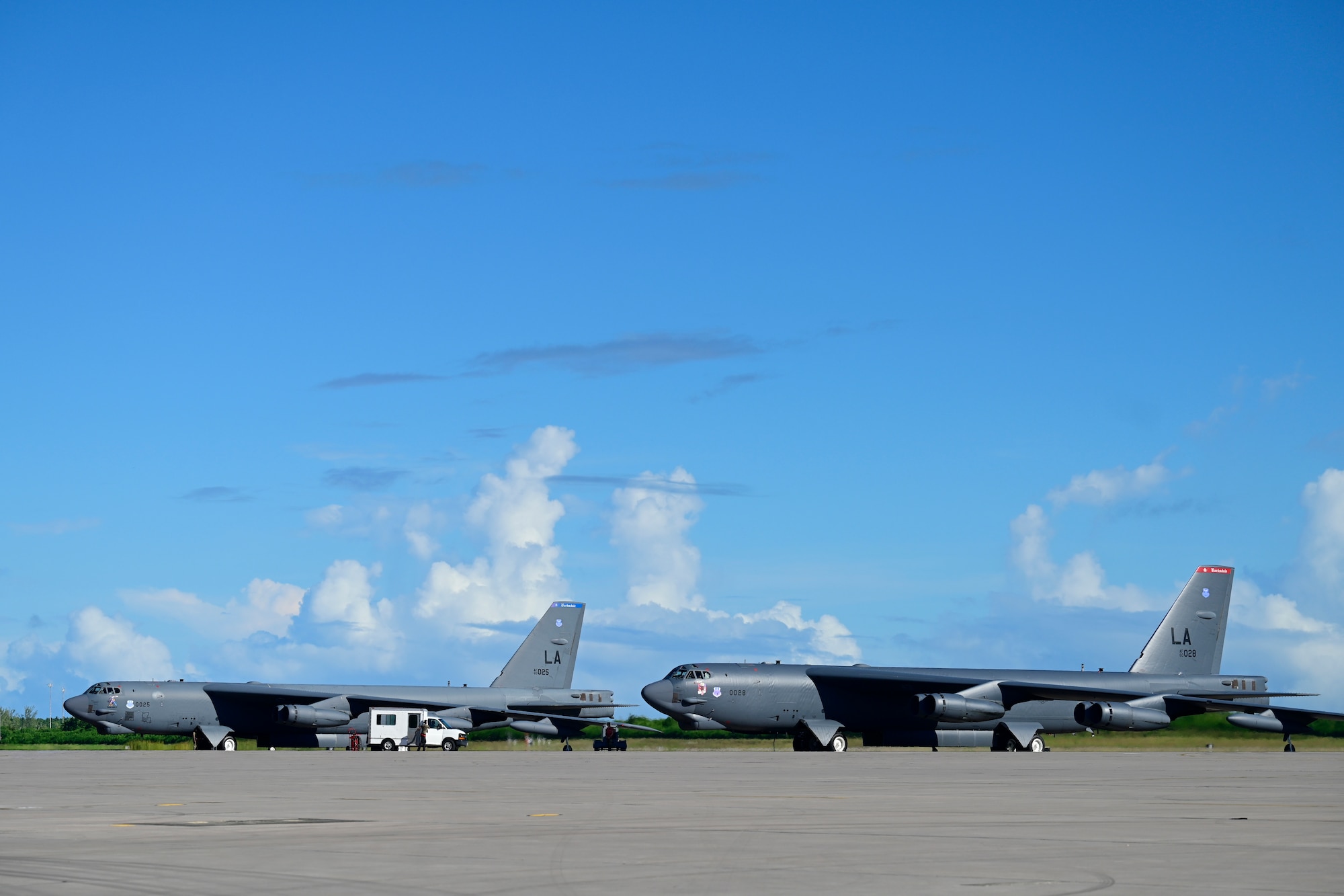 B-52 Stratofortresses assigned to the 2nd Bomb Wing at Barksdale Air Force Base, Louisiana, are prepped to return home from a Bomber Task Force deployment at Navy Support Facility, Diego Garcia, April 3, 2024.