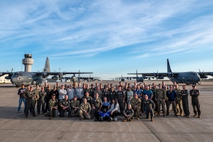 U.S. Air Force Airmen assigned to various rescue squadrons pose for a group photo at Salina Regional Airport, Kansas, March 28, 2024. After several days and multiple training scenarios, the 102nd Rescue Squadron claimed first place in the Rescue Rodeo, an event pitting active duty, Air National Guard, and Reserve rescue units against each other. (U.S. Air Force photo by Airman 1st Class Leonid Soubbotine)