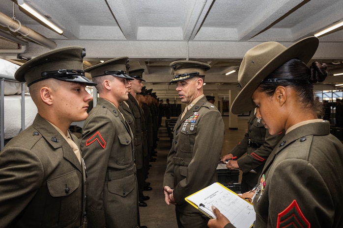 U.S. Marine Corps Lt. Col. James R. Smith, the commanding officer of 2nd Recruit Training Battalion, inspects Marines with Hotel Company, 2nd Recruit Training Battalion, during a battalion commander inspection at Marine Corps Recruit Depot San Diego, California, April 3, 2024. The battalion commander’s inspection surveys new Marines knowledge, bearing, and attention to detail and is one of their last tests before graduating. (U.S. Marine Corps photo by Cpl. Sarah M. Grawcock)