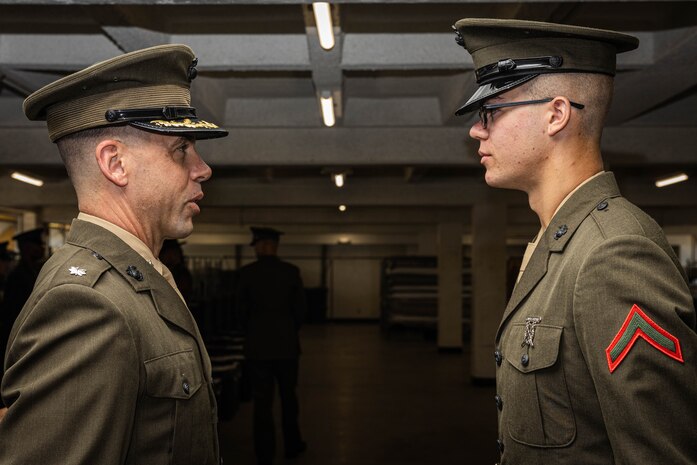 U.S. Marine Corps Lt. Col. James R. Smith, the commanding officer of 2nd Recruit Training Battalion, inspects Pfc. Zachary Taylor with Hotel Company, 2nd Recruit Training Battalion, during a battalion commander inspection at Marine Corps Recruit Depot San Diego, California, April 3, 2024. The battalion commander’s inspection surveys new Marines knowledge, bearing, and attention to detail and is one of their last tests before graduating. (U.S. Marine Corps photo by Cpl. Sarah M. Grawcock)