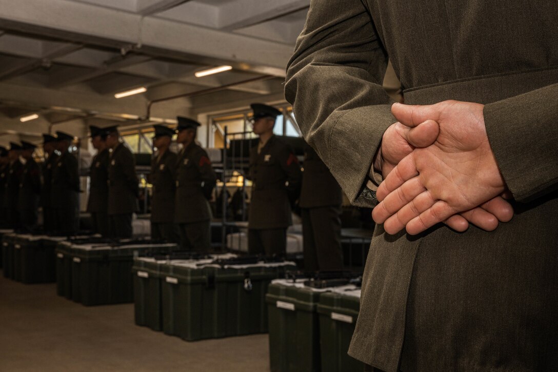 U.S. Marines with Hotel Company, 2nd Recruit Training Battalion, stand at parade rest before their battalion commander inspection at Marine Corps Recruit Depot San Diego, California, April 3, 2024. The battalion commander’s inspection surveys new Marines knowledge, bearing, and attention to detail and is one of their last tests before graduating. (U.S. Marine Corps photo by Cpl. Sarah M. Grawcock)