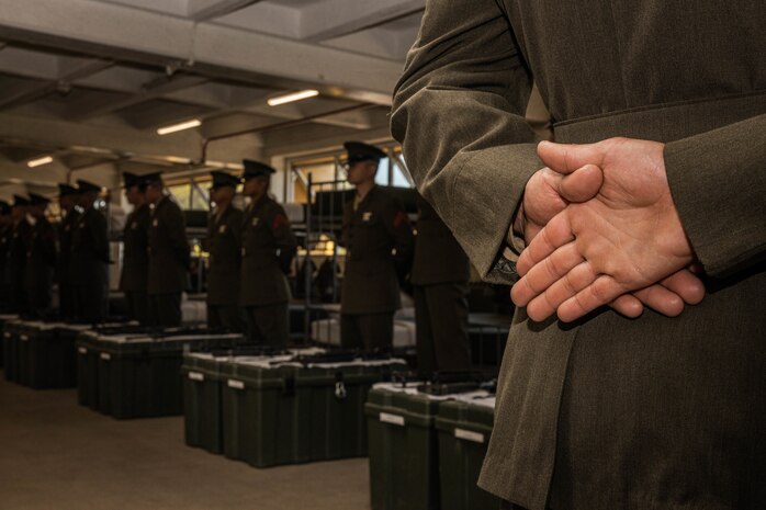 U.S. Marines with Hotel Company, 2nd Recruit Training Battalion, stand at parade rest before their battalion commander inspection at Marine Corps Recruit Depot San Diego, California, April 3, 2024. The battalion commander’s inspection surveys new Marines knowledge, bearing, and attention to detail and is one of their last tests before graduating. (U.S. Marine Corps photo by Cpl. Sarah M. Grawcock)