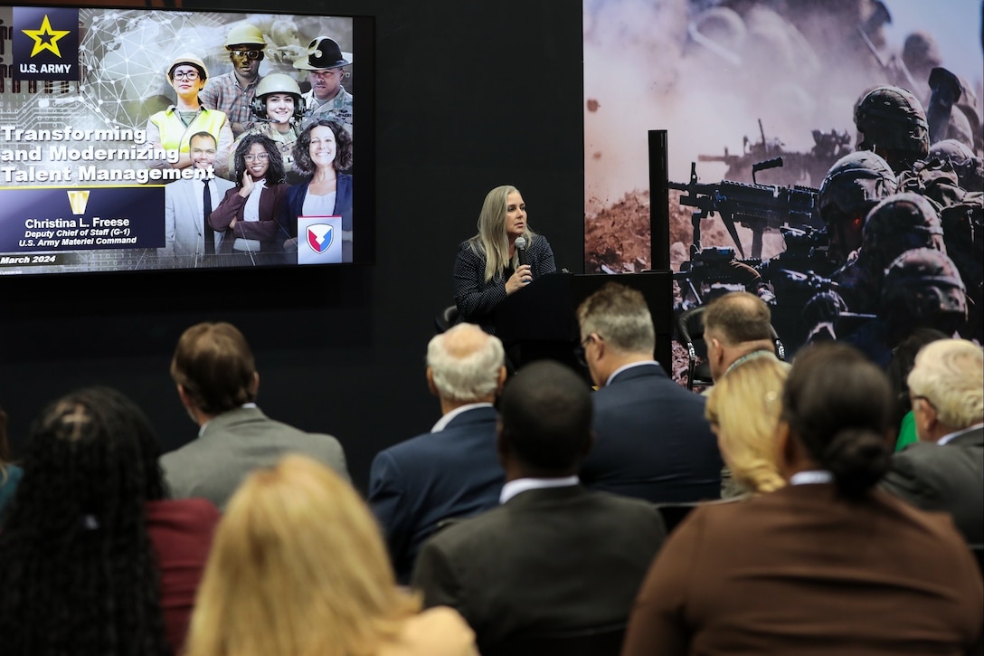 Christina Freese, deputy chief of staff for Resource Management (G-8), Army Materiel Command, speaks with participants at the Warrior's Corner during day two of the Association of the U.S. Army Global Force Symposium in Huntsville, Ala., March 27, 2024. (U.S. Army photo by Eben Boothby)