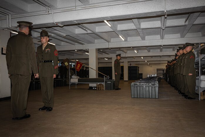 U.S. Marines with Hotel Company, 2nd Recruit Training Battalion, stand at attention for their battalion commander inspection at Marine Corps Recruit Depot San Diego, California, April 3, 2024. The battalion commander’s inspection surveys new Marines knowledge, bearing, and attention to detail and is one of their last tests before graduating. (U.S. Marine Corps photo by Cpl. Sarah M. Grawcock)