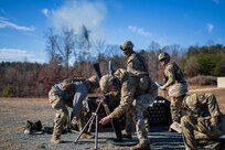 Soldiers dressed in green Army combat uniforms with helmets are huddled around mortars. One mortar is currently firing out with white smoke all around it.