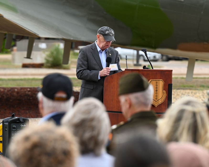 Ronald “JJ” Graham, Freedom Through Vigilance Association Heritage chapter president, emcees during the 2024 National Vietnam War Veteran Memorial and Pinning Ceremony at the Weyandt-Eddy Memorial Plaza, Norma Brown Headquarters building, Goodfellow Air Force Base, Texas, March 29, 2024. The Vietnam War Veterans Recognition Act of 2017 was signed into law by 45th U.S. President Donald J. Trump, designating March 29 as National Vietnam War Veterans Day.