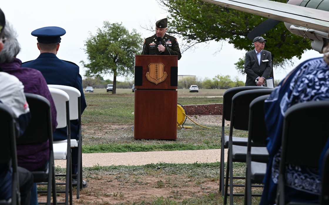 U.S. Army Lt. Col. John McAllister, 344th Military Intelligence Battalion commander, speaks during the 2024 National Vietnam War Veteran Memorial and Pinning Ceremony at the Weyandt-Eddy Memorial Plaza, Norma Brown Headquarters building, Goodfellow Air Force Base, Texas, March 29, 2024. After McAllister’s speech, the Heritage Chapter of the Freedom Through Vigilance Association presented National Vietnam War Veteran commemorative lapel pins to local San Angelo veterans and their surviving spouses.