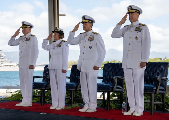 From left to right, Adm. Samuel Paparo, commander, U.S. Pacific Fleet, Adm. Lisa Franchetti, chief of naval operations, Adm. John Aquilino, commander, U.S. Indo-Pacific Command, and Adm. Stephen Koehler, prospective commander, U.S. Pacific Fleet, salute during the Commander, U.S. Pacific Command change of command ceremony onboard Joint Base Pearl Harbor-Hickam, April 4, 2024. (U.S. Navy photo by Mass Communication Specialist 2nd Class Christopher Sypert)
