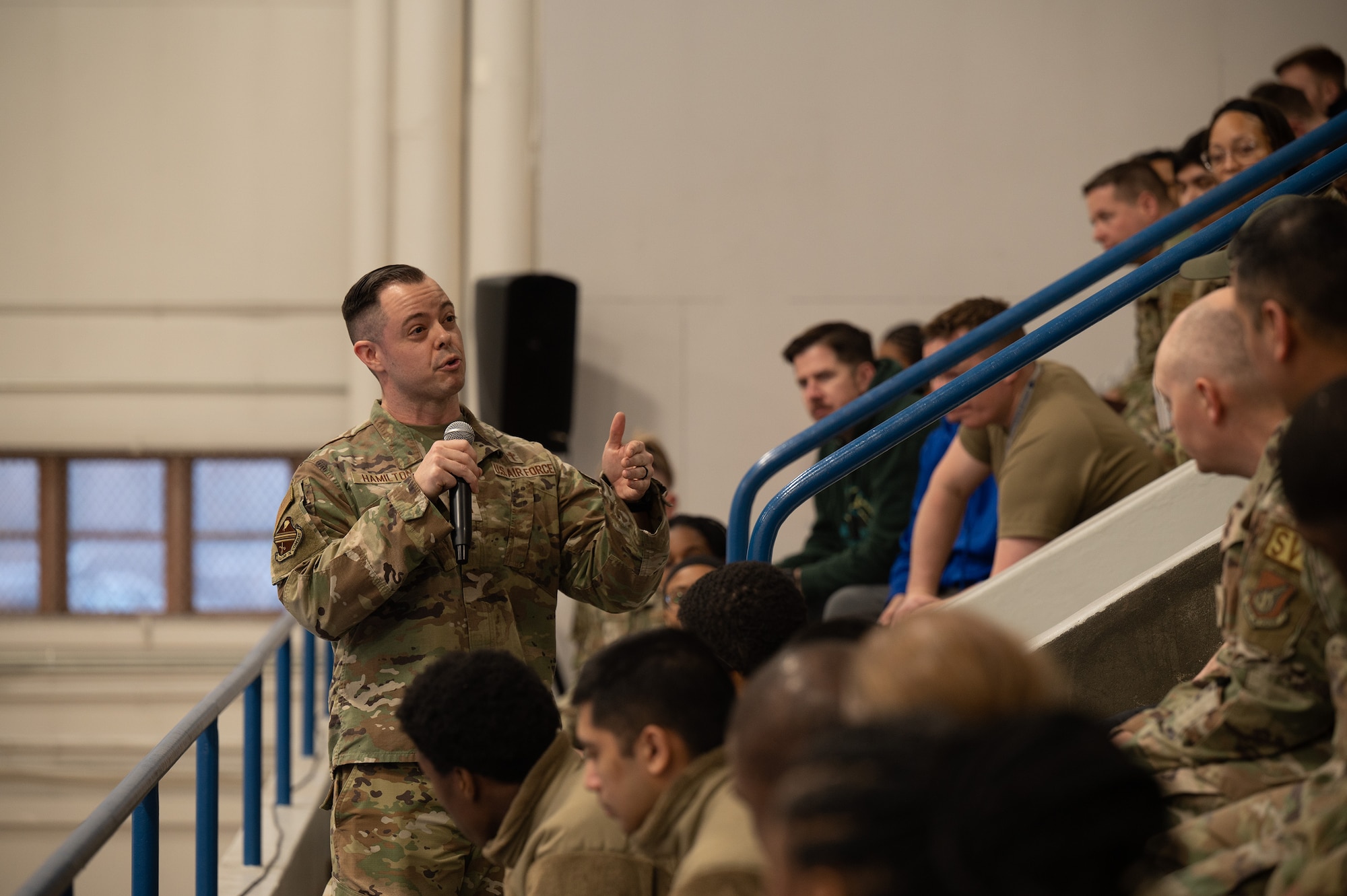 An Air Force chaplain talks about resiliency during a beddown exercise.