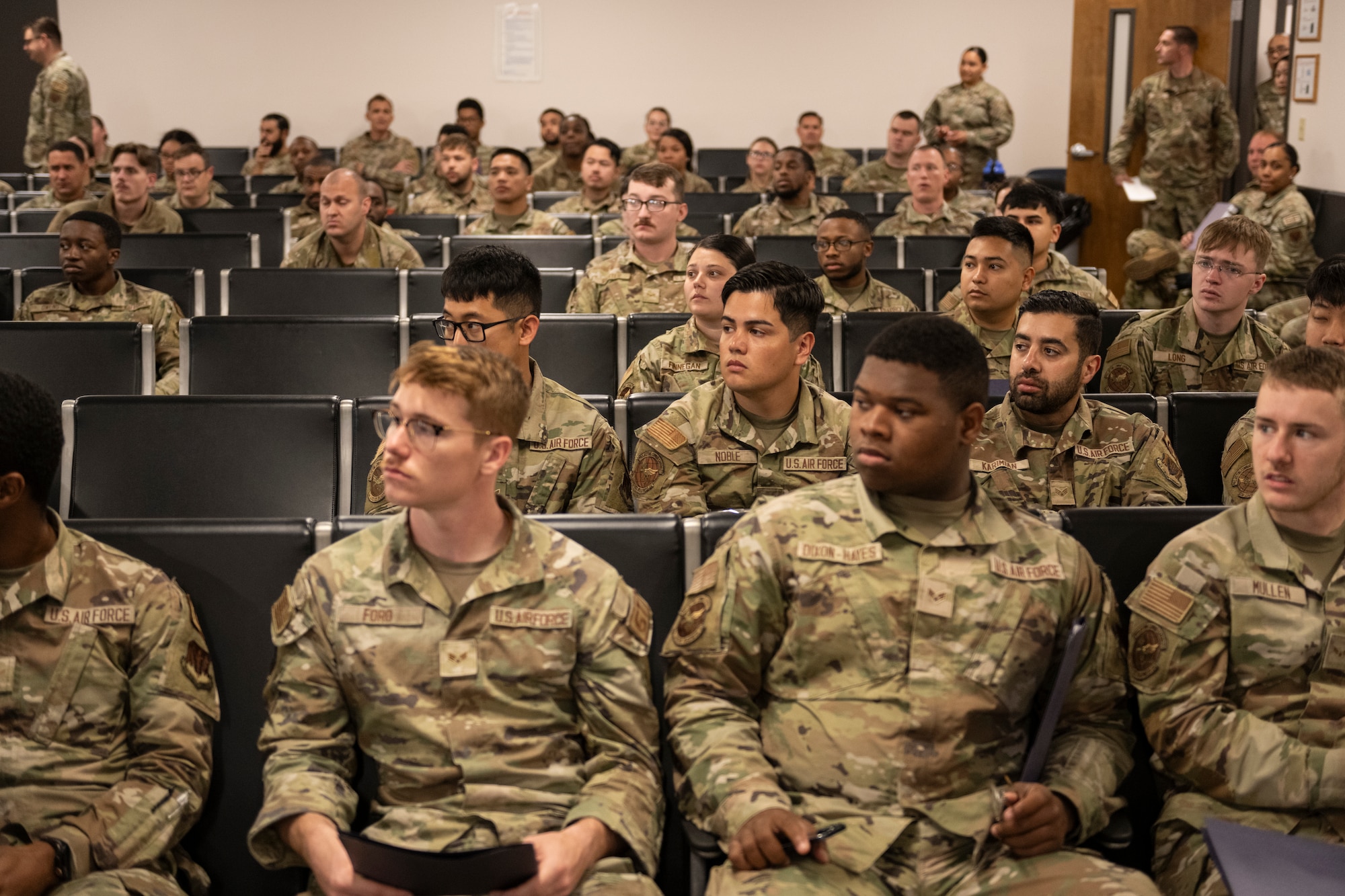 U.S. Air Force Airmen assigned to the 23rd Wing attend an Exercise Ready Tiger out processing brief