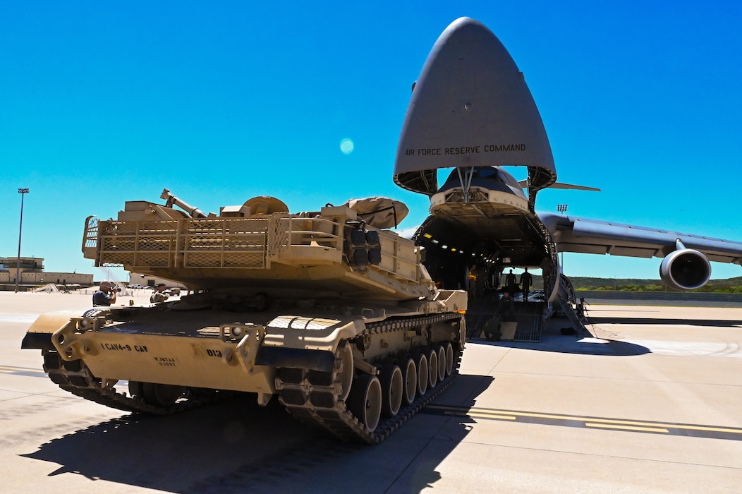 An M1A2 Abrams Main Battle Tank belonging to 4th Squadron 9th Cavalry Regiment, part of the U.S. Army’s 2nd Brigade 1st Cavalry Division, sits in position to board a 433rd Airlift Wing C-5M Super Galaxy at Robert Gray Army Airfield, Fort Cavazos, Texas on April 4th, 2024.