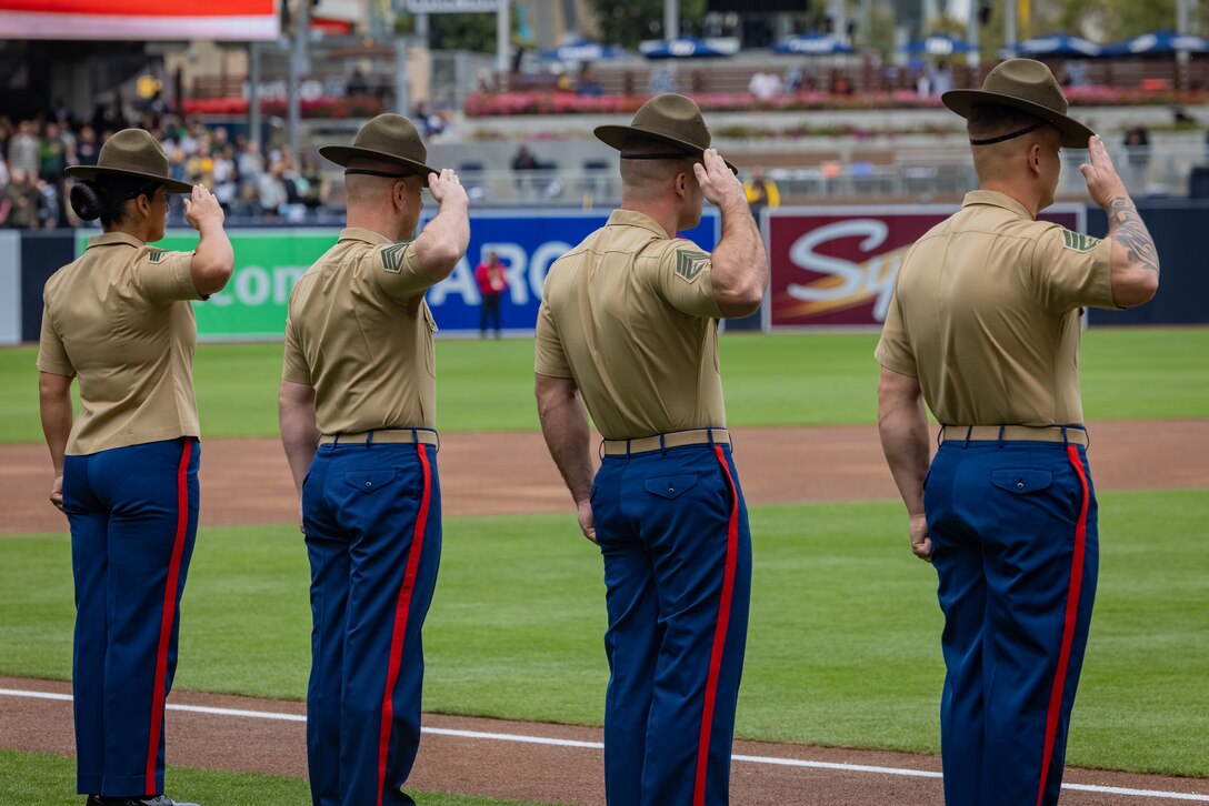 U.S. Marines from Marine Corps Recruit Depot San Diego and Western Recruiting Region participate in a Military Opening Day hosted by the San Diego Padres at Petco Park, San Diego, California, March 31, 2024. The Padres held the Military Opening Day before playing the San Francisco Giants. (U.S. Marine Corps photo by Lance Cpl. Jacob B. Hutchinson)
