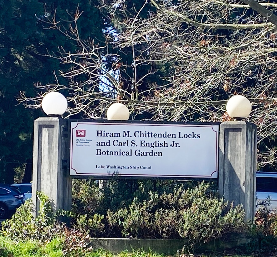 Photo of signage at the entrance of Hiram M. Chittenden Locks and Carl S. English Botanical Garden, Seattle, Washington.