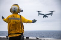 PHILIPPINE SEA (April 2, 2024) An MV-22B Osprey tiltrotor aircraft from Marine Medium Tiltrotor Squadron (VMM) 262, prepares to land on the flight deck of the forward-deployed amphibious assault carrier USS America (LHA 6), while conducting routine operations in the Philippine Sea, April 2. America, lead ship of the America Amphibious Ready Group, is operating in the U.S. 7th Fleet area of operations. U.S. 7th Fleet is the U.S. Navy’s largest forward-deployed numbered fleet, and routinely interacts and operates with allies and partners in preserving a free and open Indo-Pacific region.  (U.S. Navy photo by Mass Communication Specialist 2nd Class Cole Pursley)