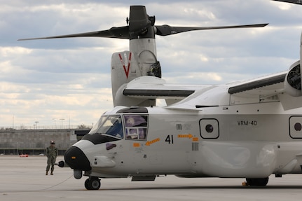 The first East Coast-assigned Navy tiltrotor vertical/short takeoff and landing (V/STOL) aircraft CMV-22B Osprey conducts post-flight checks following its arrival at Naval Station Norfolk, April 5. The CMV-22B Osprey belongs to Fleet Logistics Multi-Mission Squadron (VRM) 40 the “Mighty Bison.” The CMV-22B airframe will provide the fleet’s medium-lift and long-range aerial logistics capability, replacing the C-2A Greyhounds of Fleet Logistics Support Squadron (VRC) 40 over the next several years.