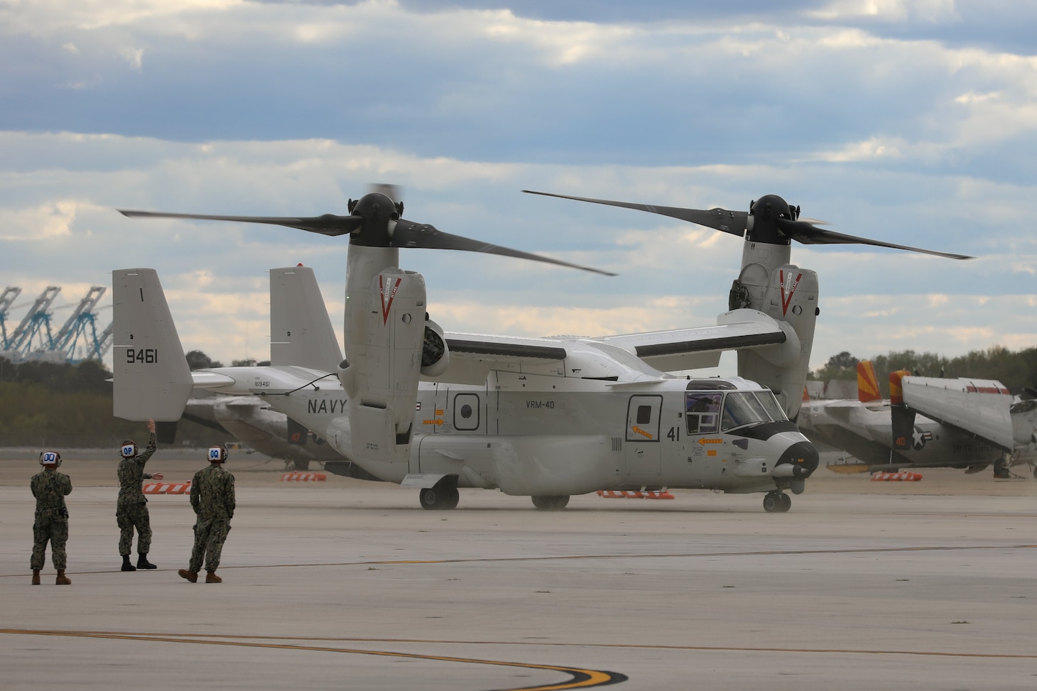 The first East Coast-assigned Navy tiltrotor vertical/short takeoff and landing (V/STOL) aircraft CMV-22B Osprey lands at Naval Station Norfolk, April 5. The CMV-22B Osprey belongs to Fleet Logistics Multi-Mission Squadron (VRM) 40 the “Mighty Bison.” The CMV-22B airframe will provide the fleet’s medium-lift and long-range aerial logistics capability, replacing the C-2A Greyhounds of Fleet Logistics Support Squadron (VRC) 40 over the next several years.
