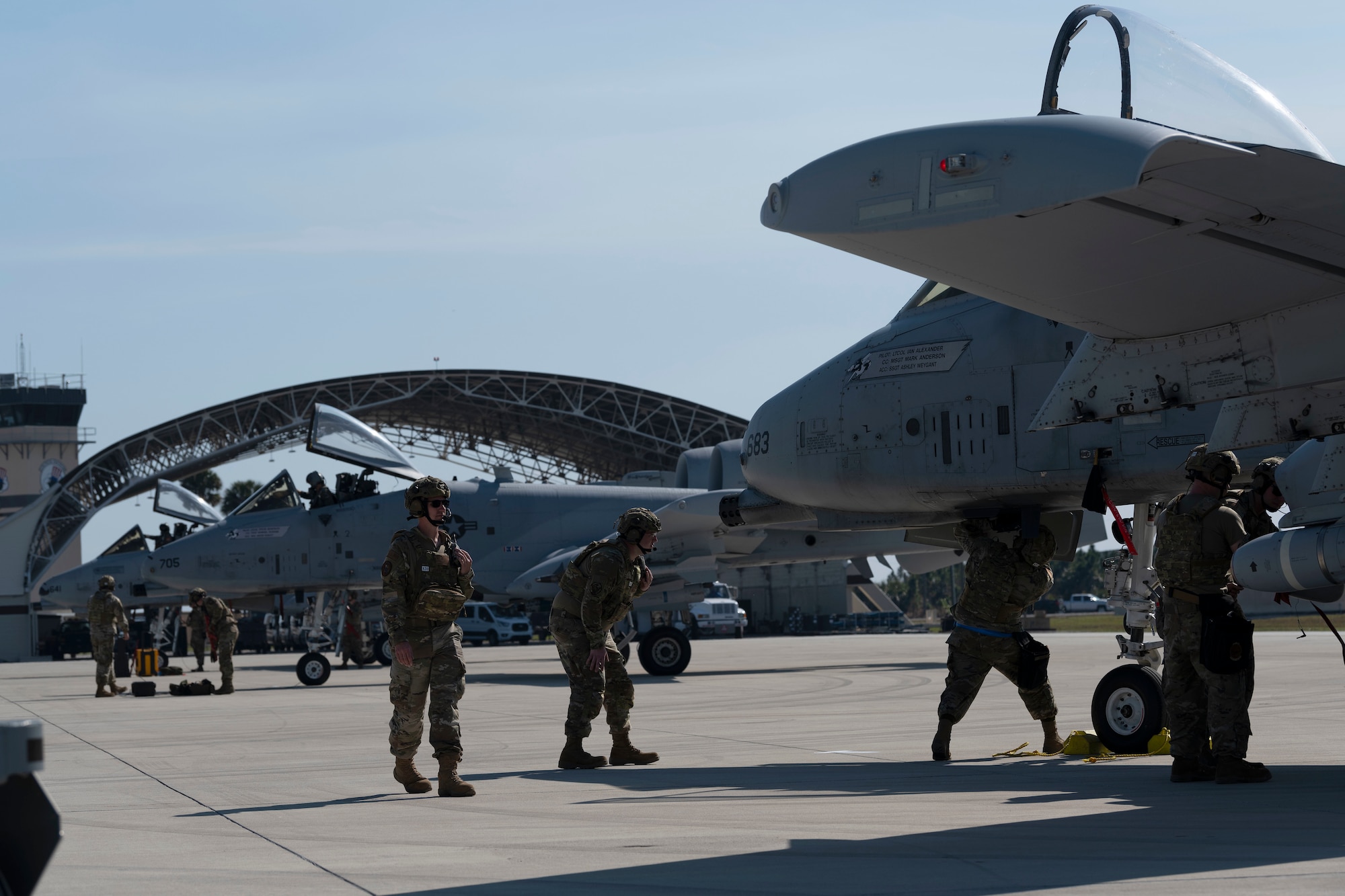 U.S. Airmen assigned to the 127th Wing, Michigan Air National Guard, conduct A-10C Thunderbolt II airfield operations as part of agile combat employment during the Agile Rage exercise, Avon Park, Florida, Feb. 28, 2024. Agile Rage 2024 is a National Guard Bureau (NGB)/A3 led military exercise, hosted at the Air Dominance Center, taking place from February 26 to March 8, 2024 that involves the collaborative efforts of various Air National Guard Wings conducting joint counter-land and combat search and rescue (CSAR) operations in a simulated medium to high threat environment. (U.S. Air National Guard photo by Master Sgt. Rafael D. Rosa)