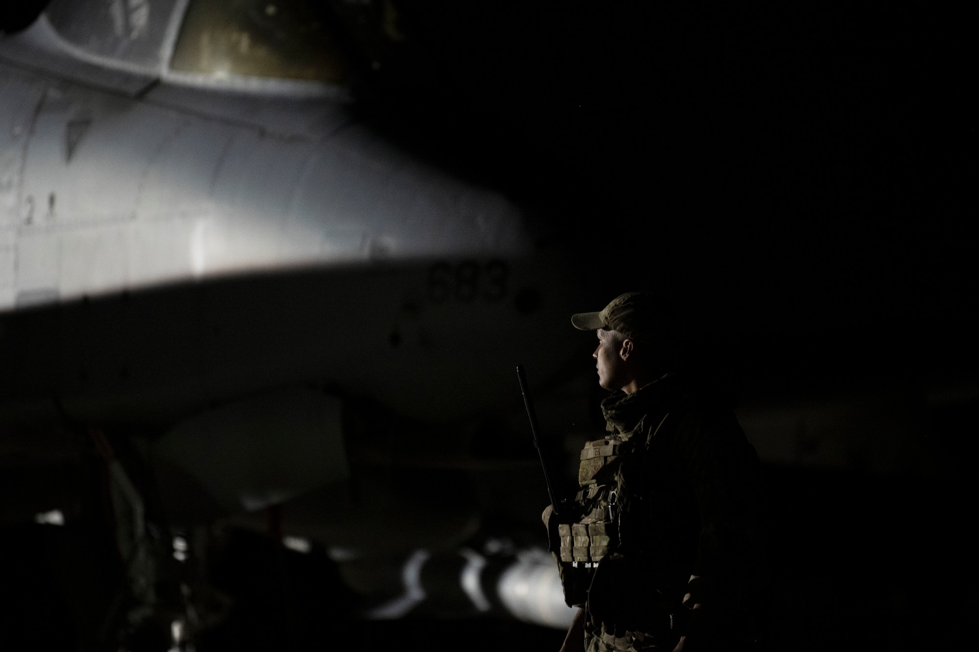 U.S. Air Force Staff Sgt. Radames Ten, a security forces journeyman with the 156th Security Operations Squadron, Puerto Rico Air National Guard, provides security for an A-10 Thunderbolt II aircraft during the Agile Rage exercise, Avon Park, Florida, Feb. 27, 2024. Agile Rage 2024 is a National Guard Bureau (NGB)/A3 led military exercise, hosted at the Air Dominance Center, taking place from February 26 to March 8, 2024 that involves the collaborative efforts of various Air National Guard Wings conducting joint counter-land and combat search and rescue (CSAR) operations in a simulated medium to high threat environment. (U.S. Air National Guard photo by Master Sgt. Rafael D. Rosa)