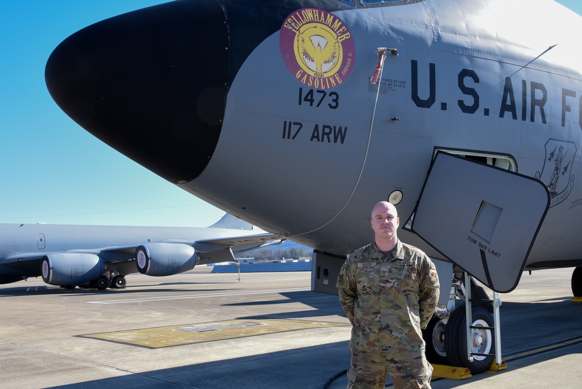 U.S. Air Force Tech. Sgt. Dathan "Drago" Hudson, a flightline crew chief with the 117th AMXS, poses for a photo for the Excellent Airman column in the 117th ARW Team Talk Newsletter, Sumpter Smith JNGB, Alabama, Dec. 28, 2023. (U.S. Air National Guard photo by Senior Airman Kasie Faddis)